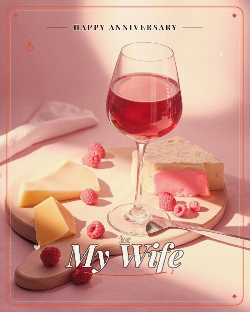 A wooden board holds wedges of pale cheese, a slice with a rosy pink rind, and scattered raspberries, all beside a stemmed glass of rose wine catching…, a anniversary e-card design