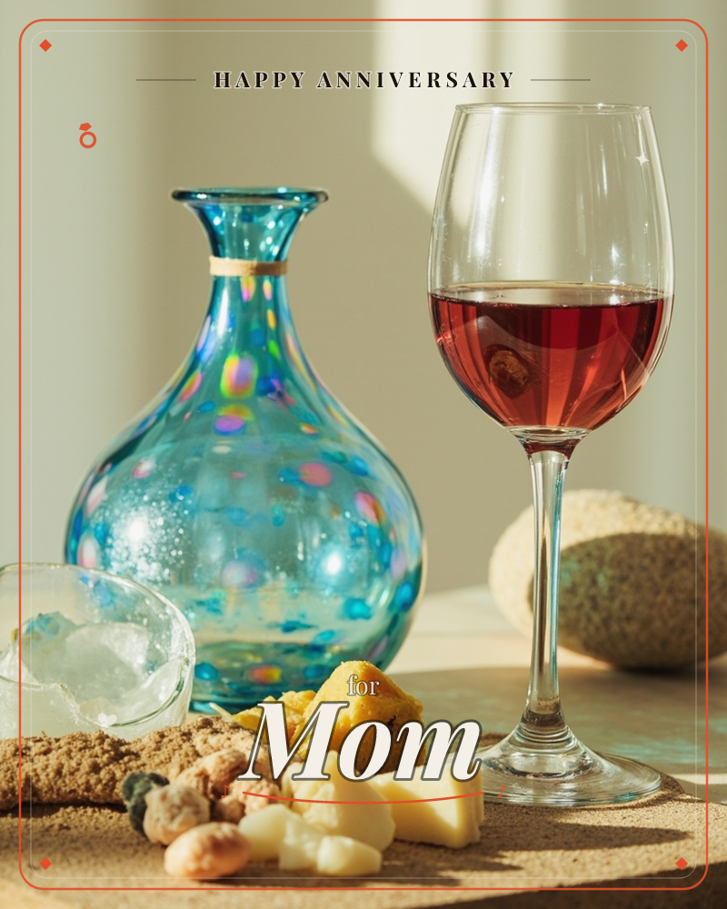 A sunlit still life shows a turquoise glass decanter flecked with iridescent color, standing beside a full glass of red wine, with a small dish of ice…, a anniversary e-card design