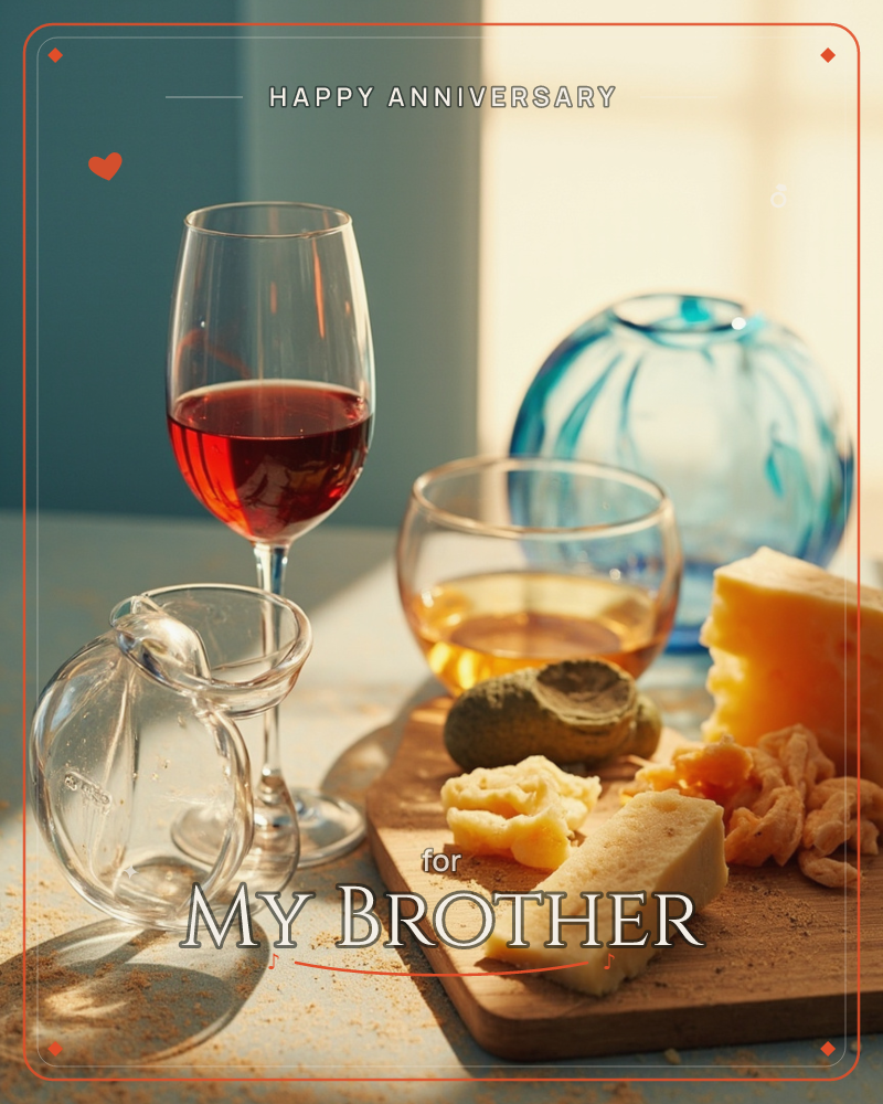 A sunlit tabletop still life shows a stemmed glass of red wine beside a low tumbler of golden liquor, with a wooden board of cheeses, pork rinds, and a…, a anniversary e-card design