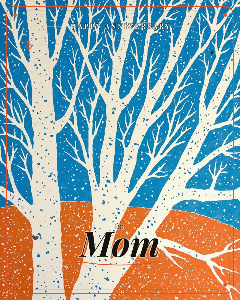 Bare cream-coloured birch trees stretch upward across a bold block-printed sky, their branches speckled with a scattering of textured dots, a anniversary e-card design