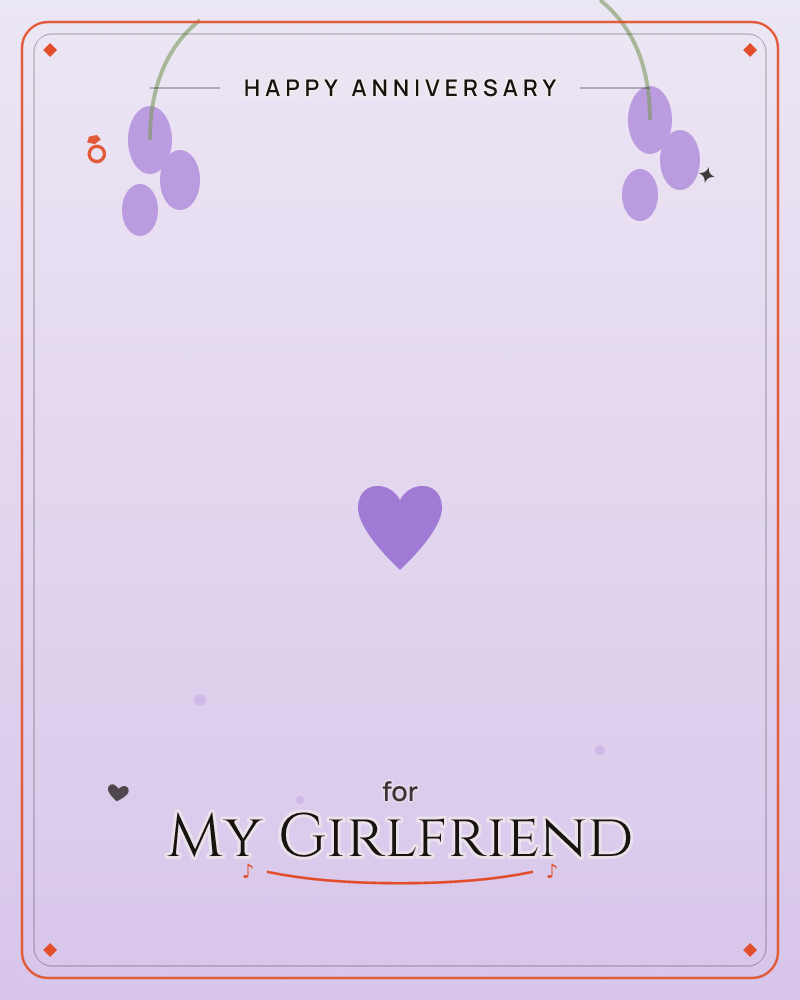 A soft lavender gradient background frames a single purple heart floating at the centre, with two curling vine sprigs of berry-like clusters arching…, a anniversary e-card design by @DittyCityTeam