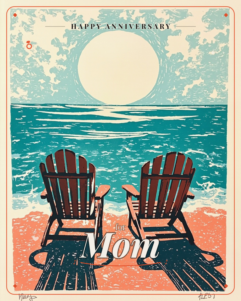Two empty adirondack chairs sit side by side on a textured sandy beach, facing a turquoise ocean under a large pale sun or moon, a anniversary e-card design
