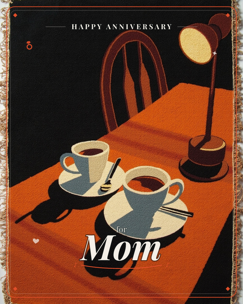A tabletop scene rendered like a woven tapestry, with two coffee cups on saucers sitting under the warm glow of a desk lamp, a anniversary e-card design