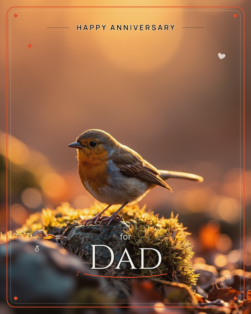 A robin with a bright orange breast perches on a moss-covered stone, surrounded by scattered autumn leaves, a anniversary e-card design