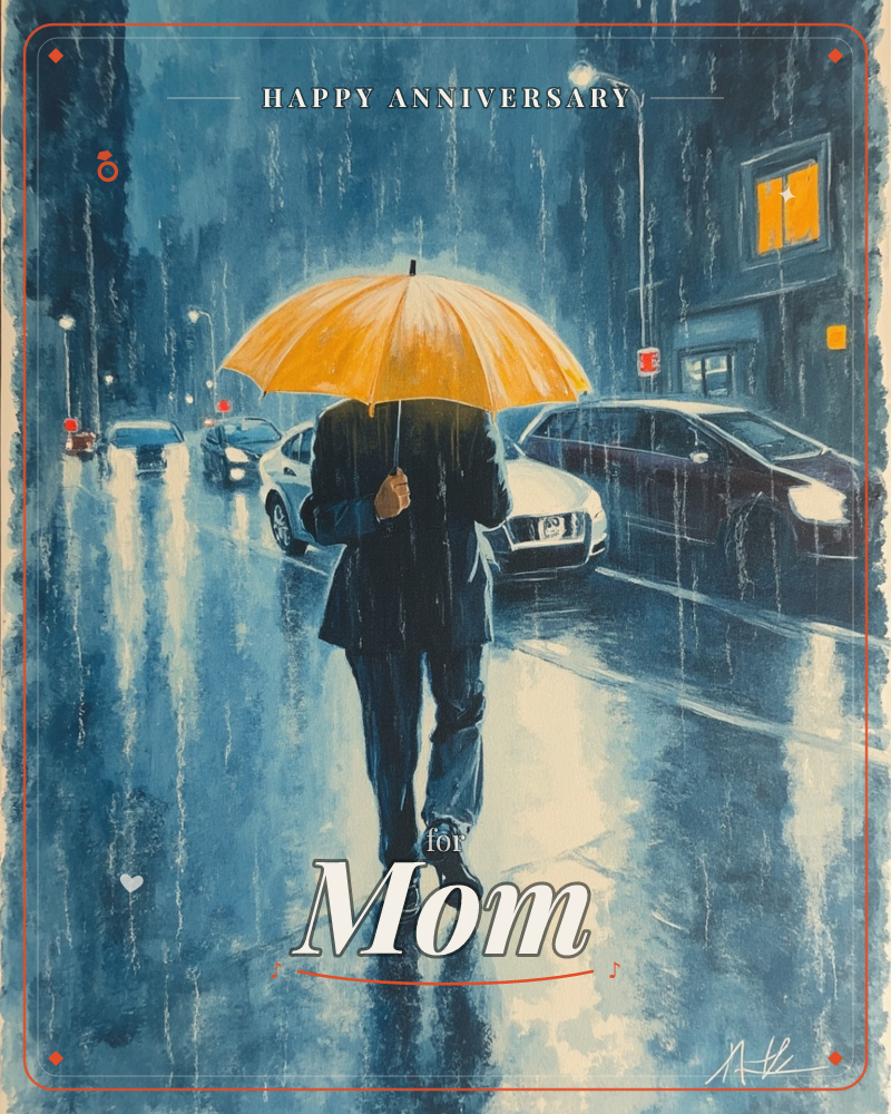 A man in a dark coat walks away down a rain-slicked city street, his bright yellow umbrella glowing against the blue night, a anniversary e-card design