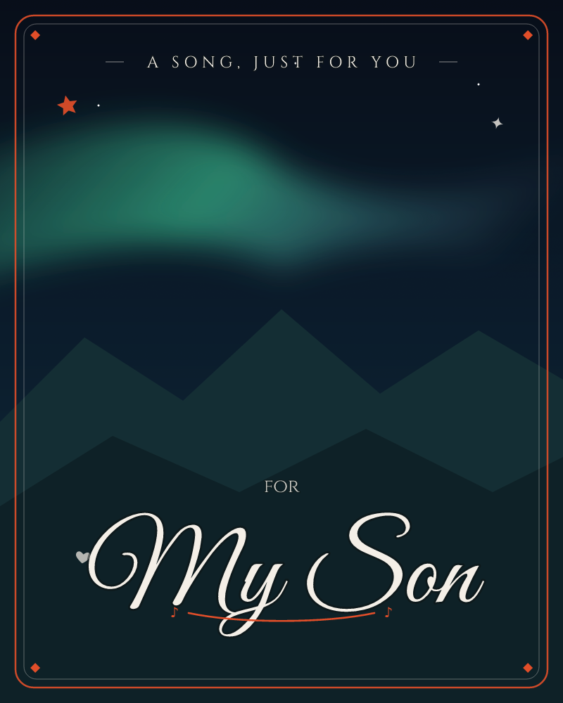 A ribbon of green aurora drifts low across a deep night sky above layered mountain silhouettes, a any occasion e-card design by @DittyCityTeam