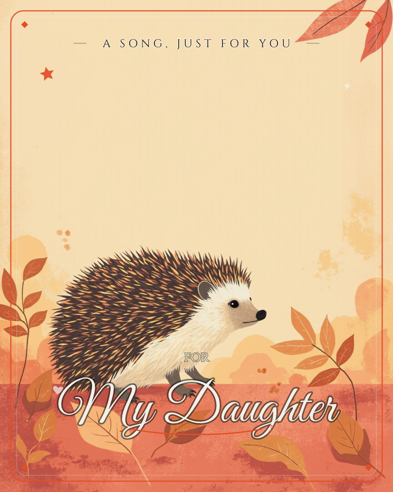 A small hedgehog with a spiky brown and gold coat and a soft cream belly ambles along a rust-red ground scattered with autumn leaves, a any occasion e-card design