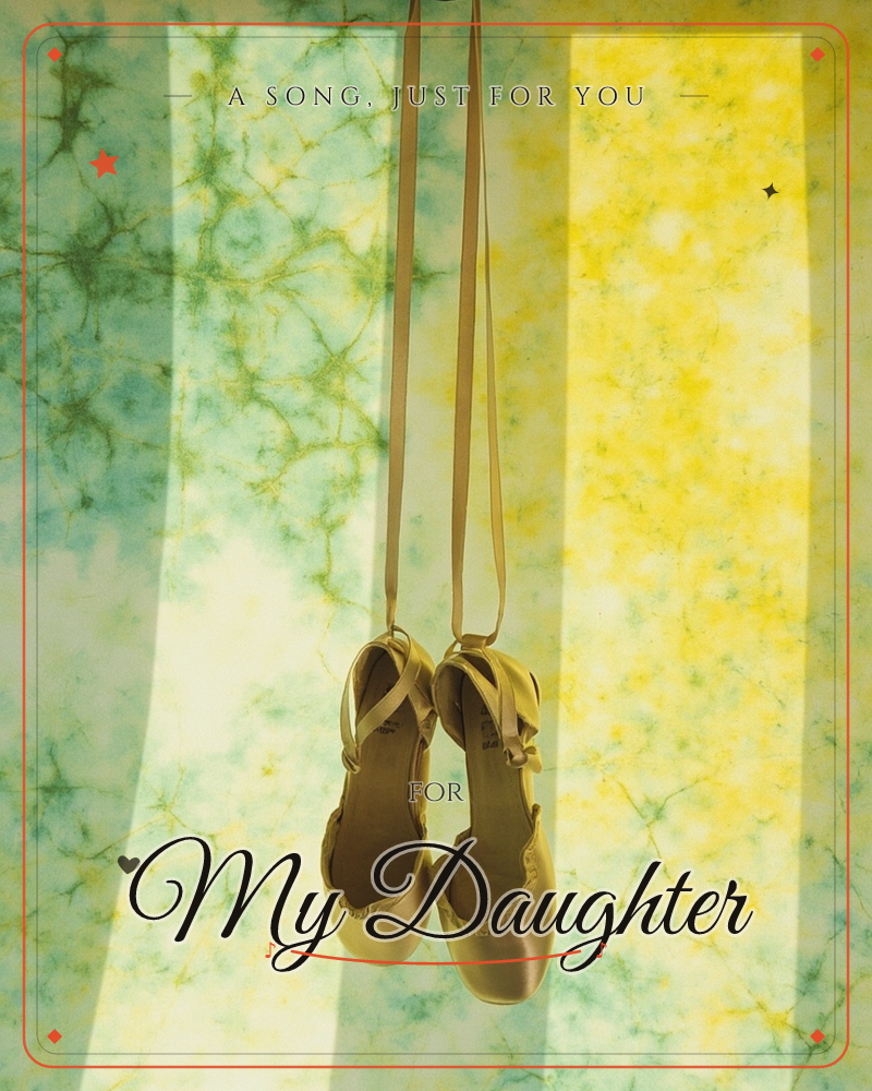 A pair of golden ballet-style shoes hangs by their long ribbon straps against a mottled, textured backdrop of soft green and yellow light, a any occasion e-card design