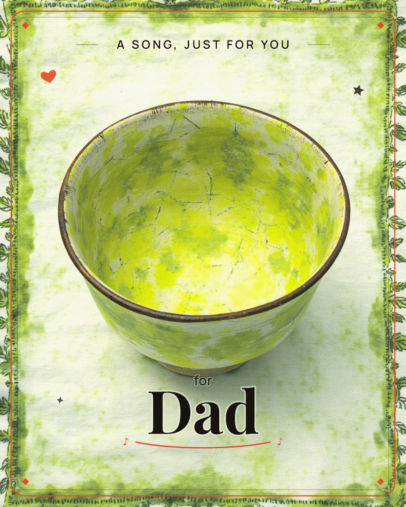 A single ceramic bowl, mottled in bright yellow-green with a crackled glaze and a thin dark rim, sits centred on a pale mossy background, a any occasion e-card design