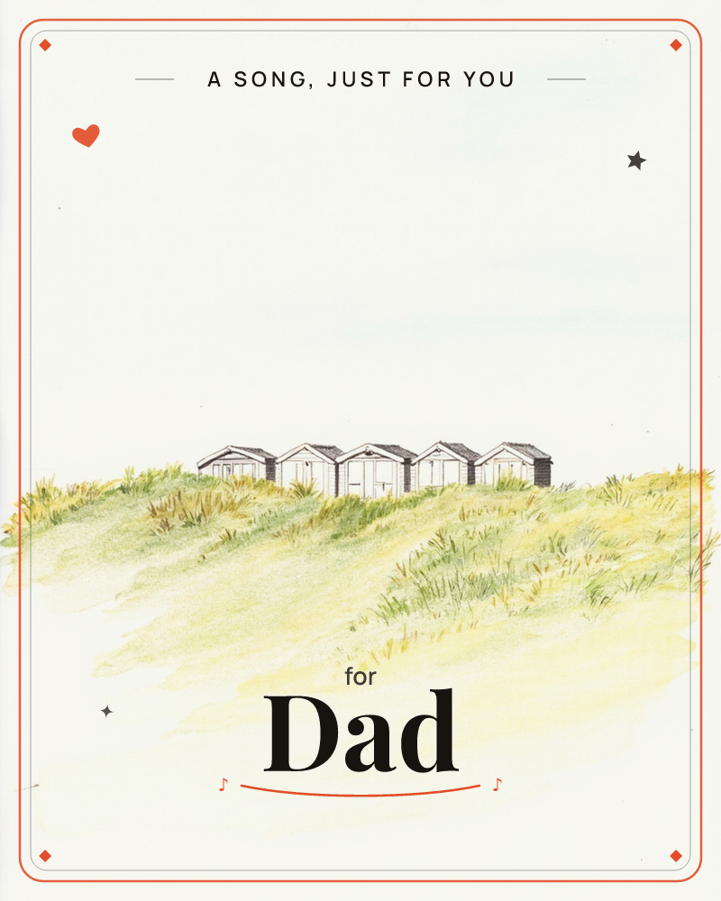 A row of five small beach huts with peaked roofs sits atop a grassy dune, sketched in fine ink lines and washed with soft watercolour, a any occasion e-card design