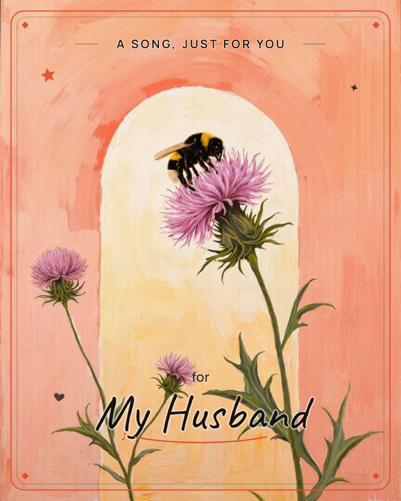 A fat striped bumblebee lands on a spiky purple thistle bloom, set inside a pale golden archway painted against a warm coral-pink wall, a any occasion e-card design