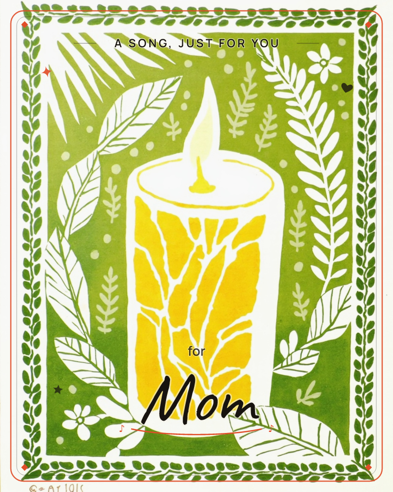 A single white candle glows with a golden flame against a rich green background, surrounded by hand-cut ferns, leaves, and tiny blossoms in a stylized…, a any occasion e-card design