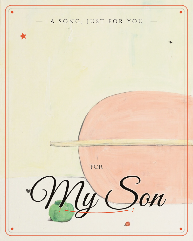 A minimalist still life shows a large peach-toned rounded form sliced through by a pale wooden stick, floating against a soft yellow wall, a any occasion e-card design