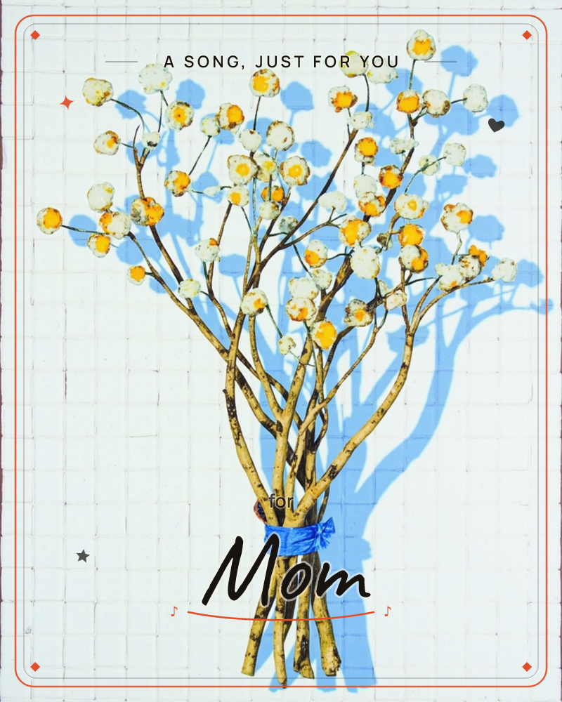 A bundle of bare branches tipped with round white and orange blossoms stands upright against a pale gridded background, tied together at the base with…, a any occasion e-card design