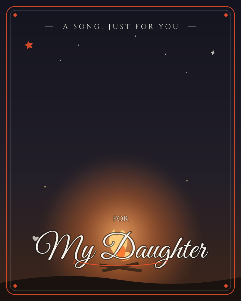A lone campfire glows against a deep night sky, its warm orange light spilling upward in a soft dome around crossed logs, a any occasion e-card design by @DittyCityTeam