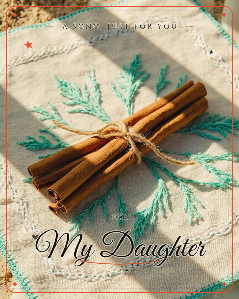 A bundle of cinnamon sticks tied with rustic twine rests on a cream linen napkin embroidered with feathery teal fern fronds and a scalloped border stitch, a any occasion e-card design