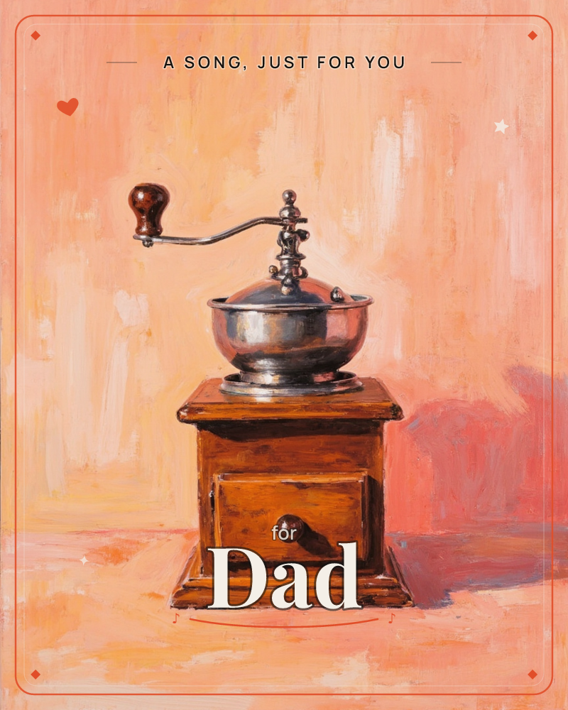 An oil painting of a vintage wooden coffee grinder with a polished metal hopper and a dark wooden crank handle, set against a warm, loosely brushed…, a any occasion e-card design