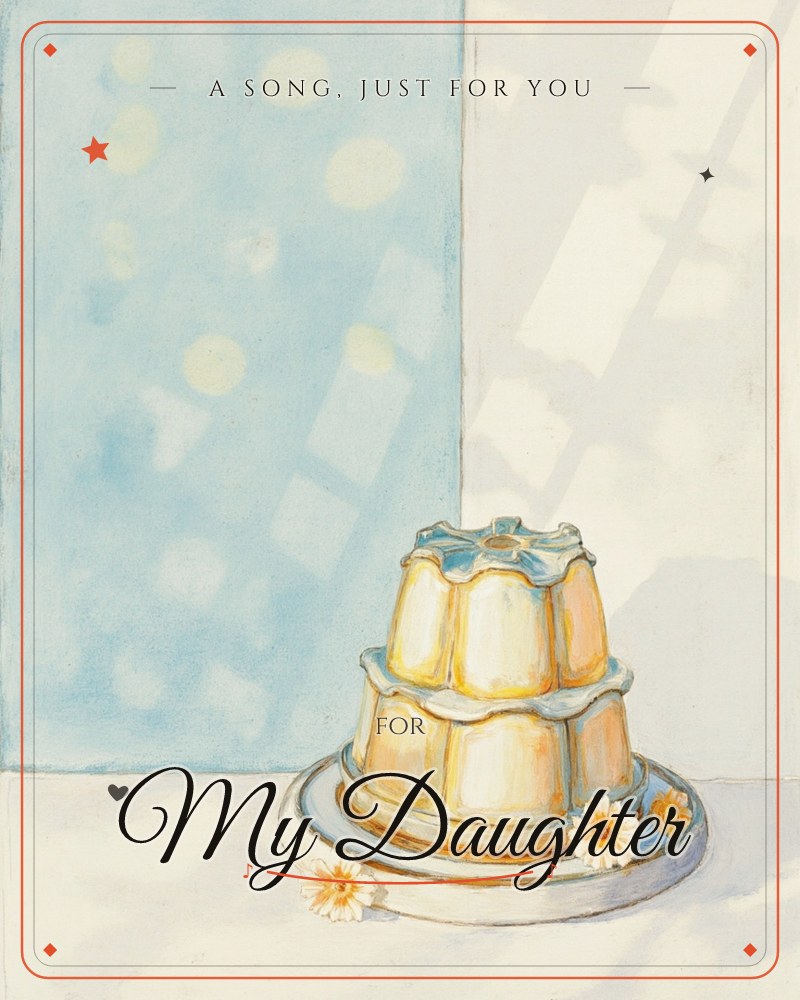 A two-tiered fluted cake, glazed pale gold, sits on a white plate scattered with small daisies, a any occasion e-card design