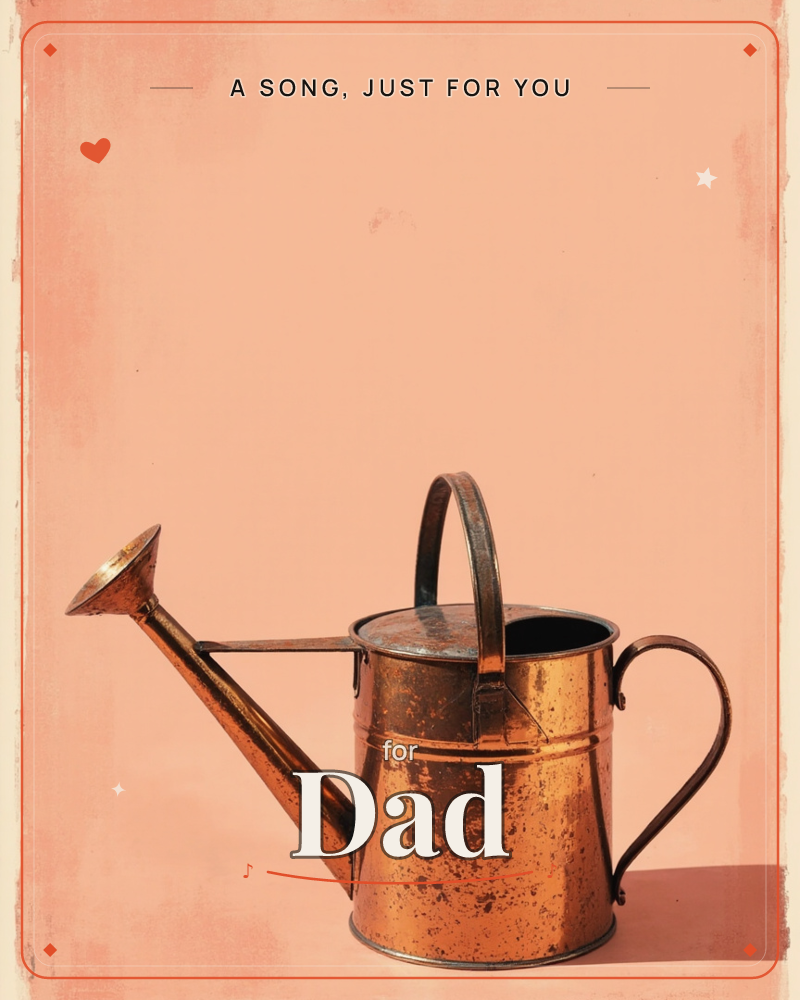 A weathered copper watering can, dented and spotted with age, sits low against a soft peachy-pink backdrop bordered in cream, a any occasion e-card design