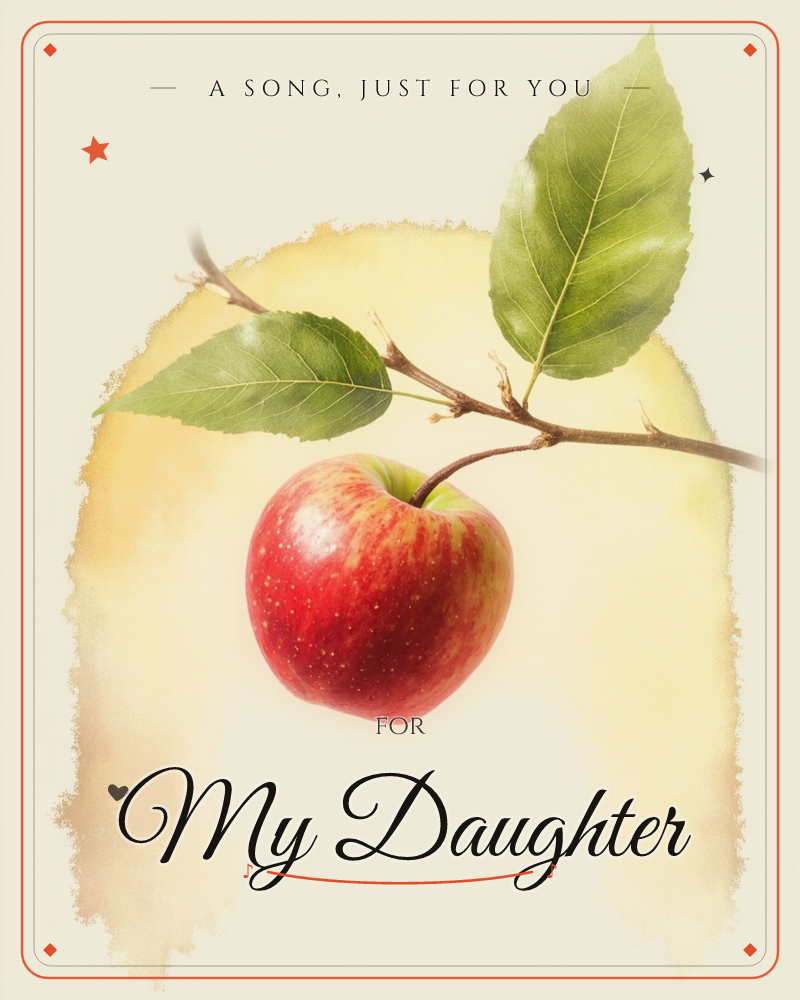 A single red apple hangs from a slender leafy branch, painted in fine botanical detail against a soft golden halo that fades into a cream background, a any occasion e-card design