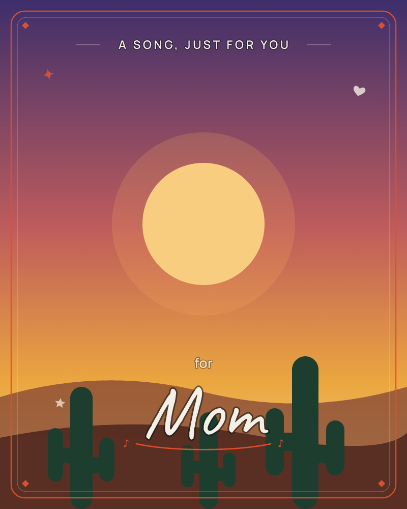 A desert scene at dusk, with a large glowing sun hovering low over rolling dark hills, a any occasion e-card design by @DittyCityTeam