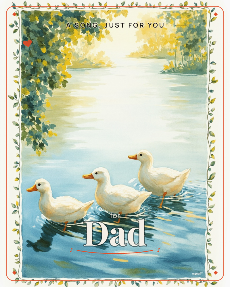 Three white ducks glide single-file across a glassy river, their ripples catching soft golden light from a hazy, sunlit horizon, a any occasion e-card design