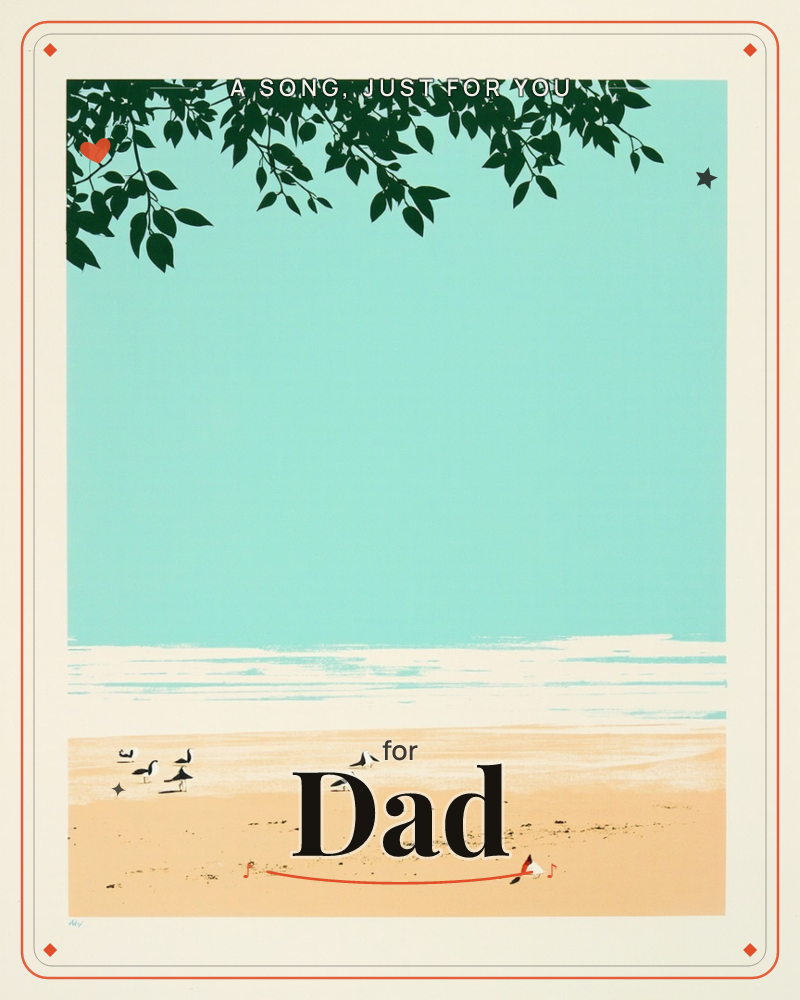 A stylised print of a beach scene with a wide turquoise sky, a pale strip of surf, and a sandy shore where a small flock of black-and-white shorebirds…, a any occasion e-card design