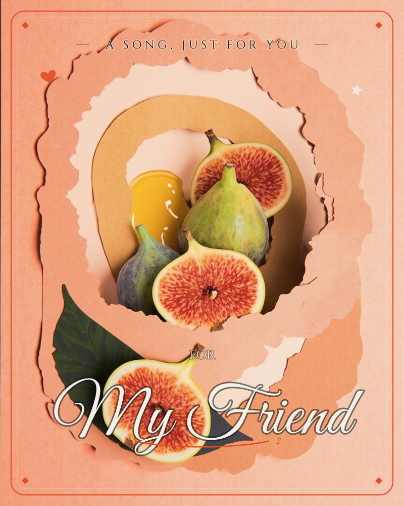 Layers of torn peach-toned paper open like a tunnel to reveal fresh figs nestled inside, some whole and some sliced open to show their pink-red flesh…, a any occasion e-card design