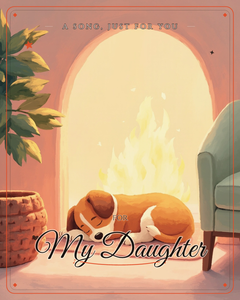 A dog naps curled up on a rug in front of a glowing arched fireplace, flames flickering warm gold against the coral walls, a any occasion e-card design