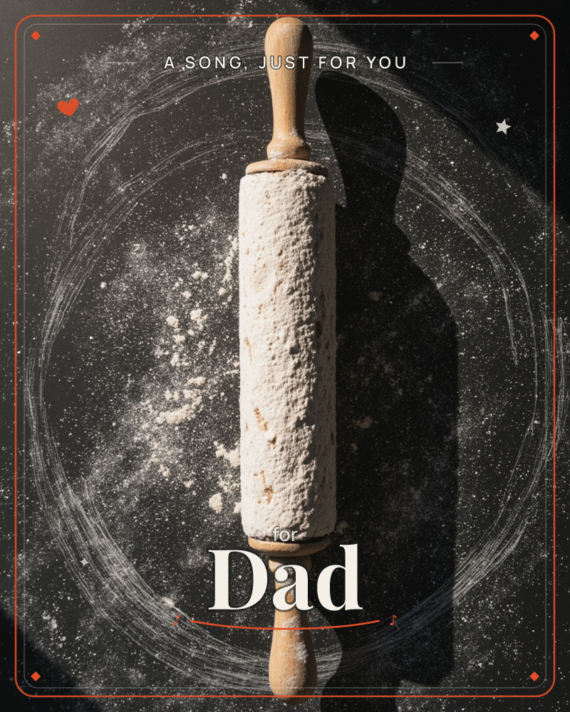 A wooden rolling pin lies dusted with flour on a dark countertop, its swept marks curving around it in pale arcs, a any occasion e-card design