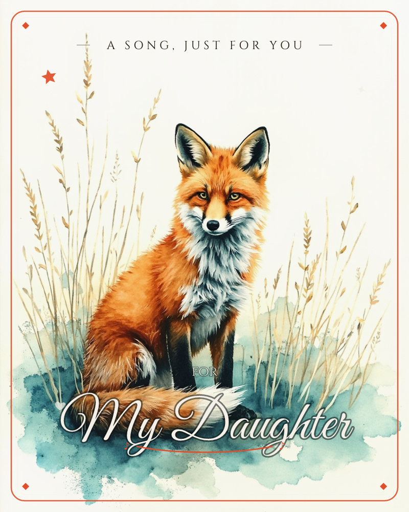 A red fox sits upright amid tall, dry grasses, its fluffy white chest and curled tail catching the light against a pale, almost blank background, a any occasion e-card design