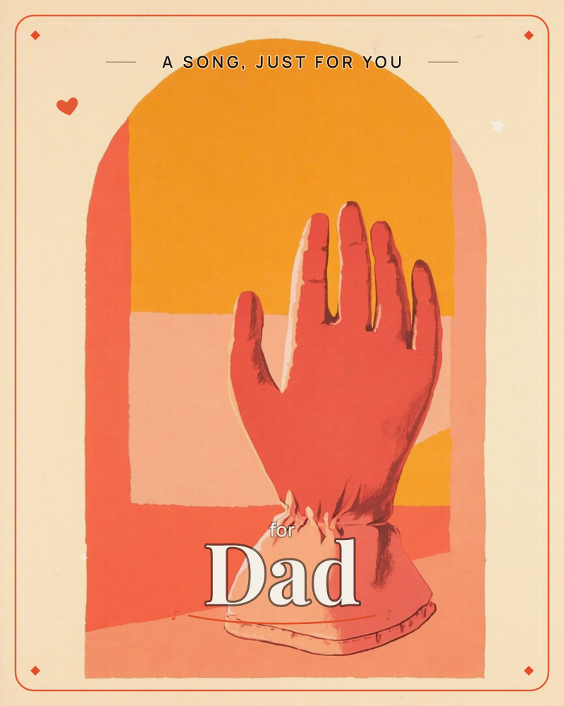 A large red hand rises from a cuffed sleeve, palm raised in a gesture that reads as both greeting and pause, set inside a tall arched niche of layered…, a any occasion e-card design