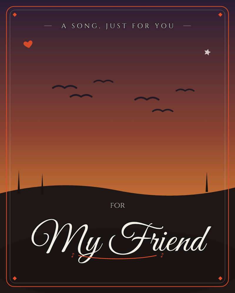 A rolling silhouette of hills stretches beneath a glowing dusk sky that fades from deep plum at the top into burnt orange near the horizon, a any occasion e-card design by @DittyCityTeam