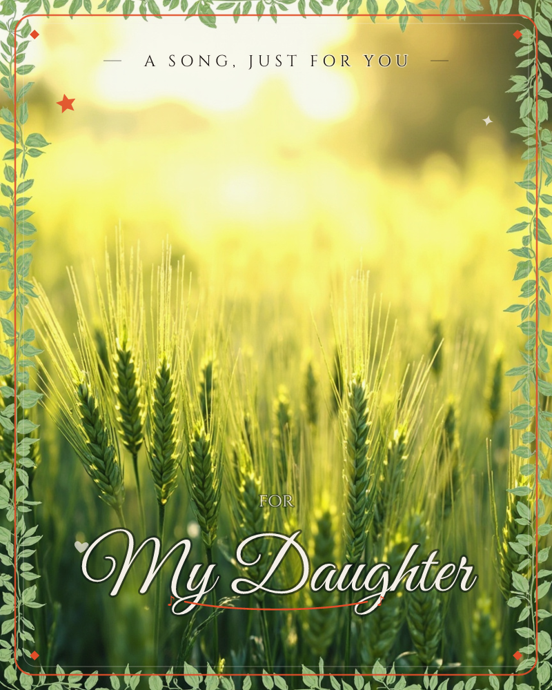 A close-up photograph of green wheat stalks glowing in golden late-afternoon sunlight, their feathery awns backlit against a soft, blurred field, a any occasion e-card design