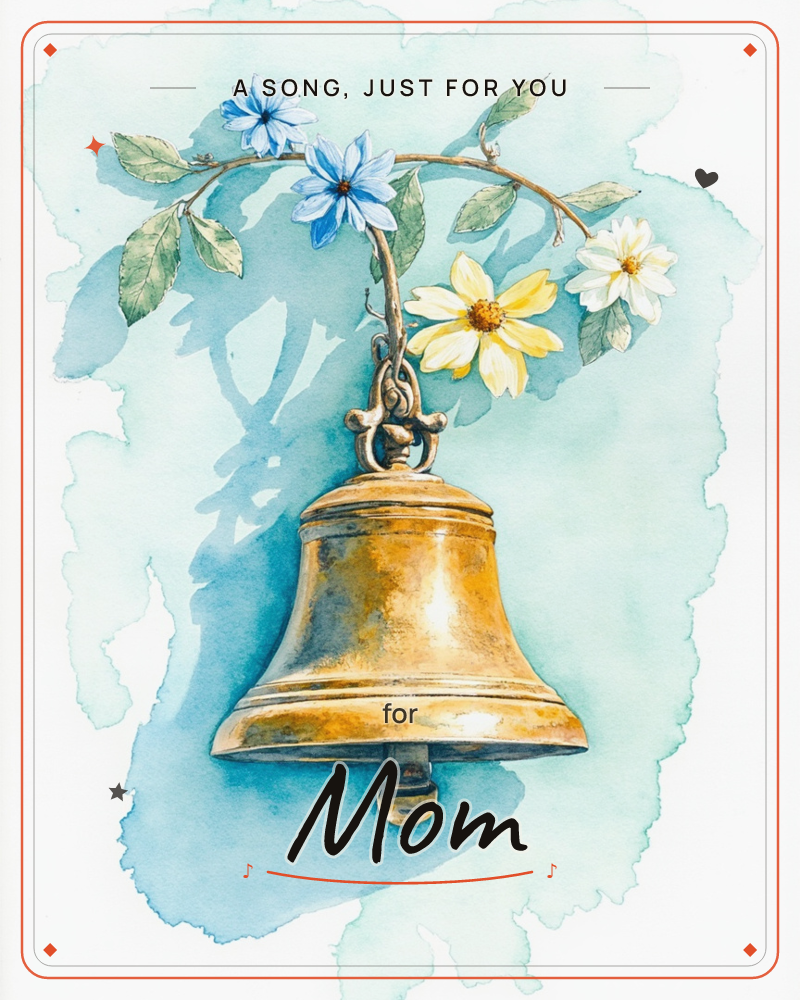 A weathered brass bell hangs from an arching branch scattered with blue, yellow, and white wildflowers, painted against a soft aqua watercolour wash…, a any occasion e-card design