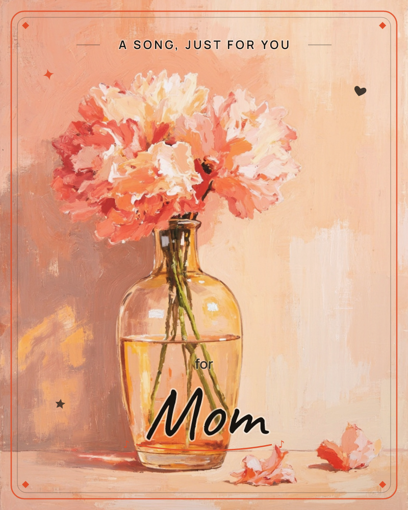 A cluster of full-blown peonies in coral, blush and cream sits in a slim amber glass bottle, their stems visible through the water, a any occasion e-card design