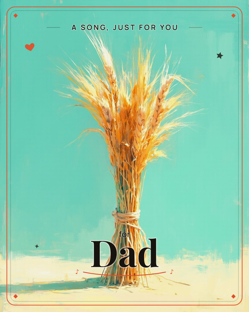 A single sheaf of golden wheat stands upright, tied at the middle with rough twine, its whiskery ears fanning out against a flat turquoise sky, a any occasion e-card design