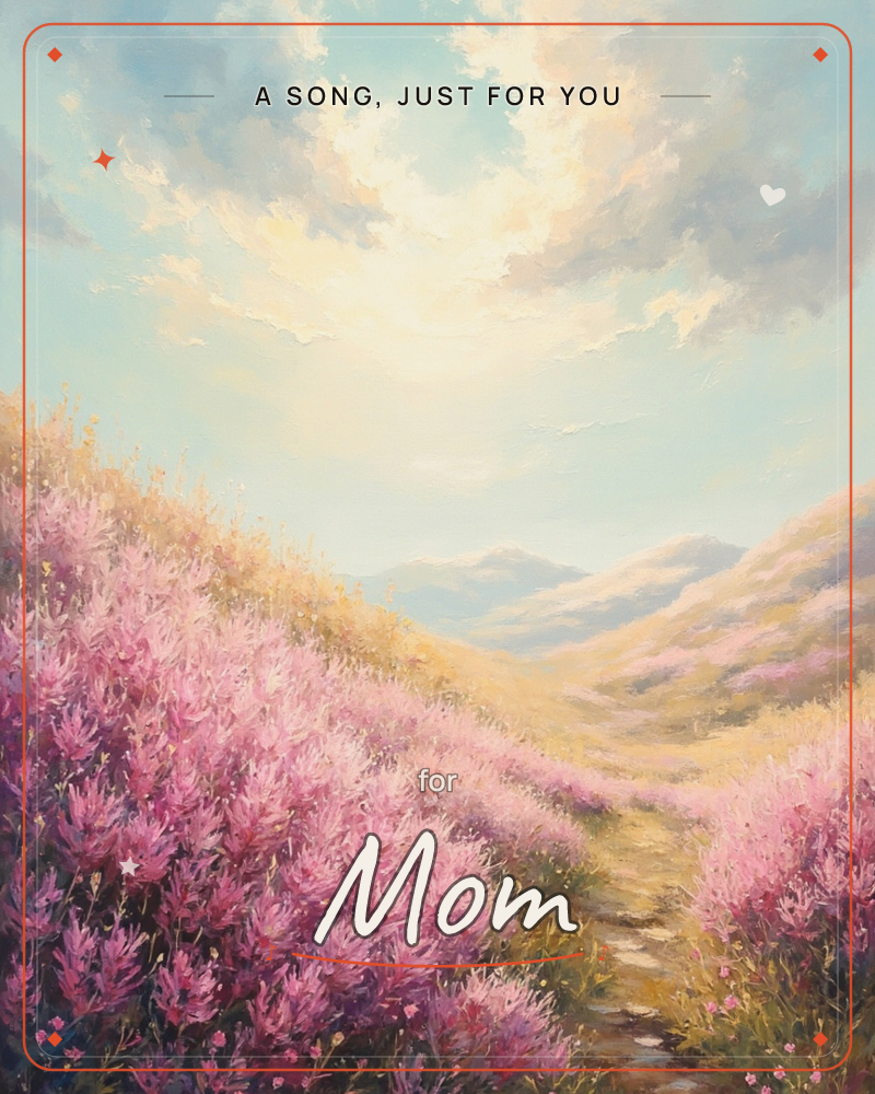 A rolling hillside is blanketed in blooming pink heather beneath a wide, sunlit sky where clouds break to let golden light pour through, a any occasion e-card design