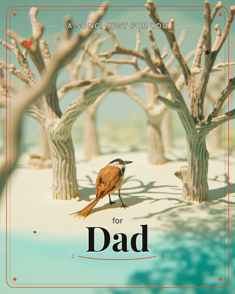 A single long-tailed bird stands on pale sand beneath a grove of bare, sculptural trees whose bark curls like carved wood, a any occasion e-card design