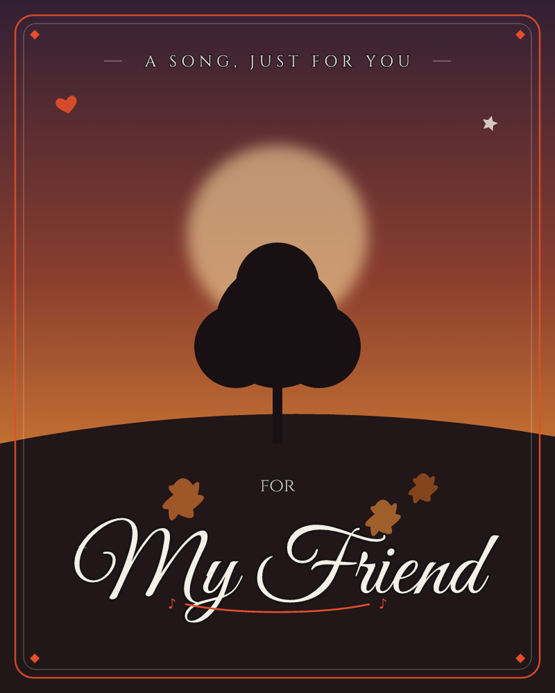 A lone tree stands in silhouette atop a gentle hill, its rounded canopy overlapping a glowing full moon that hangs low in a deep orange and burgundy sky, a any occasion e-card design by @DittyCityTeam