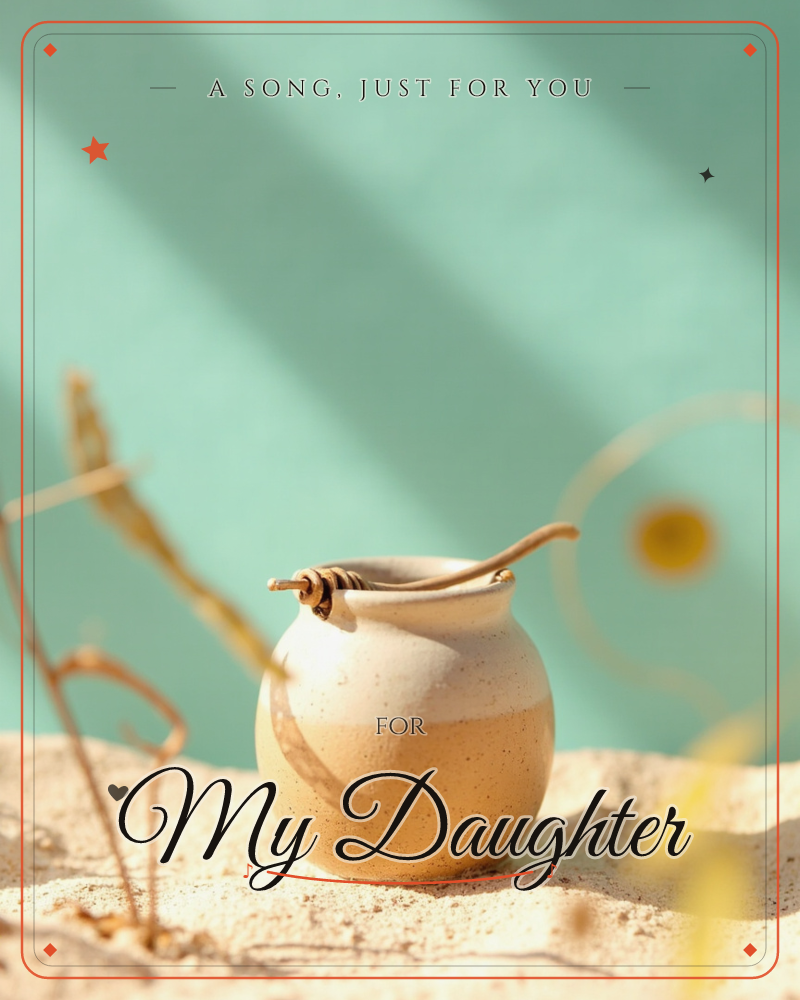 A small round ceramic pot sits on pale sand, its speckled glaze fading from cream to warm tan, with a slim honey dipper resting across the rim, a any occasion e-card design