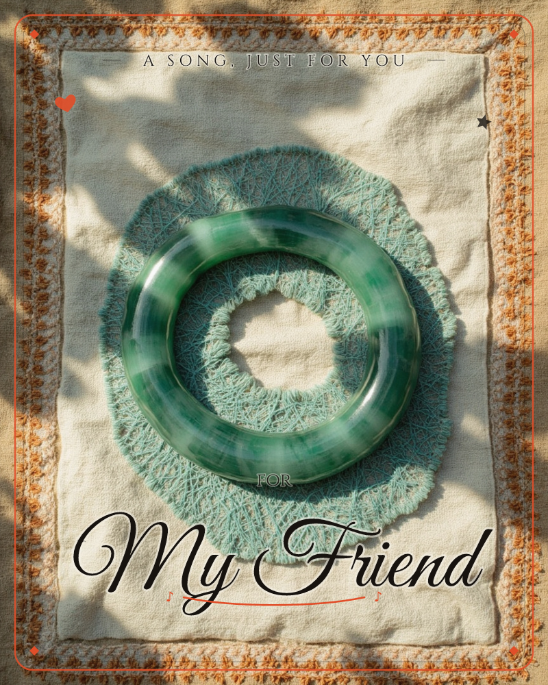 A jade-green bangle rests atop a frayed circle of teal fringe on cream linen, bordered by an orange embroidered stitch, a any occasion e-card design