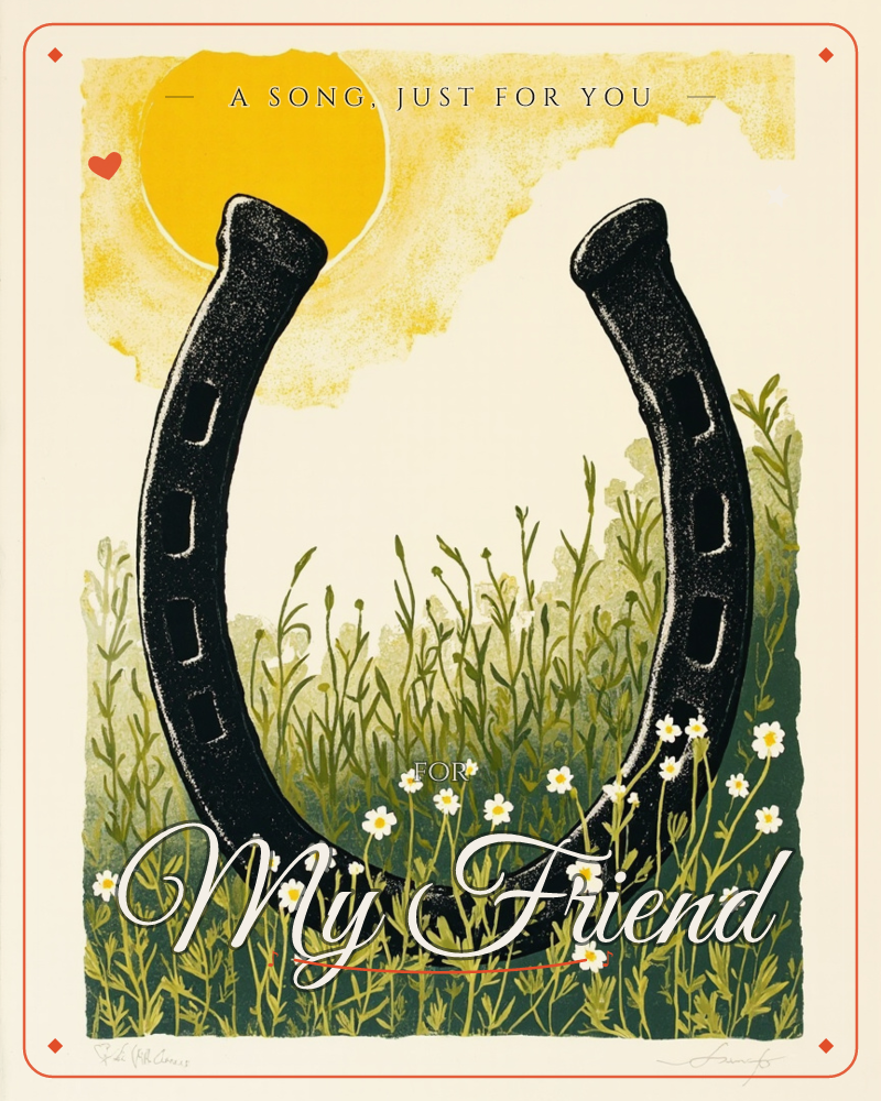 A large black horseshoe stands upright in a meadow of tall grass and small white daisies, with a bright yellow sun glowing behind it, a any occasion e-card design
