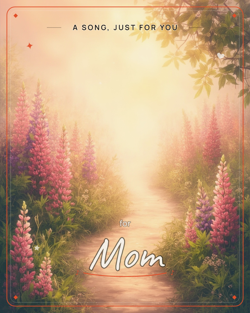 A soft dirt path winds through tall spires of pink and lavender lupines toward a glowing, hazy horizon, a any occasion e-card design