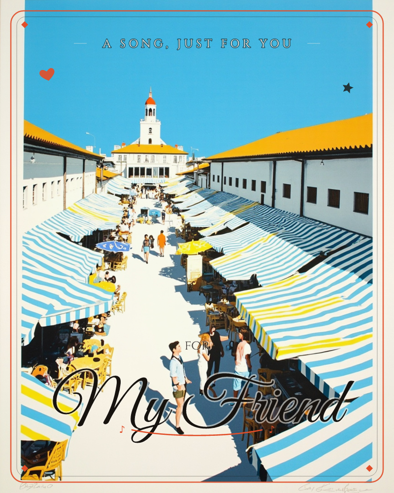A sunlit market street stretches toward a domed white building, lined with rows of blue-and-white striped awnings and market stalls on either side, a any occasion e-card design