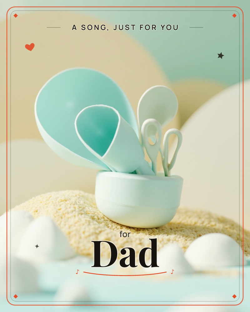 A small white cup holds a cluster of mint and cream measuring spoons standing upright like flower petals, set atop a mound of pale yellow flour or…, a any occasion e-card design