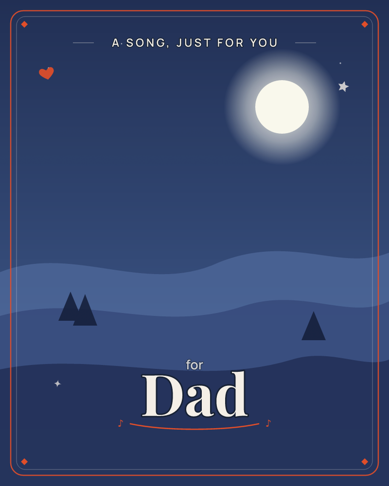 A glowing full moon hangs in a deep blue night sky above rolling, layered hills rendered as soft waves of navy and slate, a any occasion e-card design by @DittyCityTeam