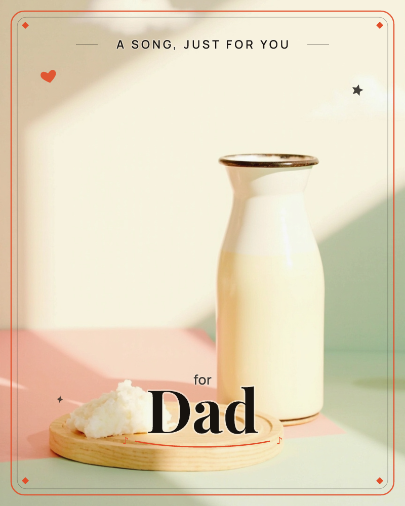 A glass milk bottle with a dark rim sits half full on a two-toned pastel tabletop of blush pink and mint green, sunlight slanting across the wall…, a any occasion e-card design