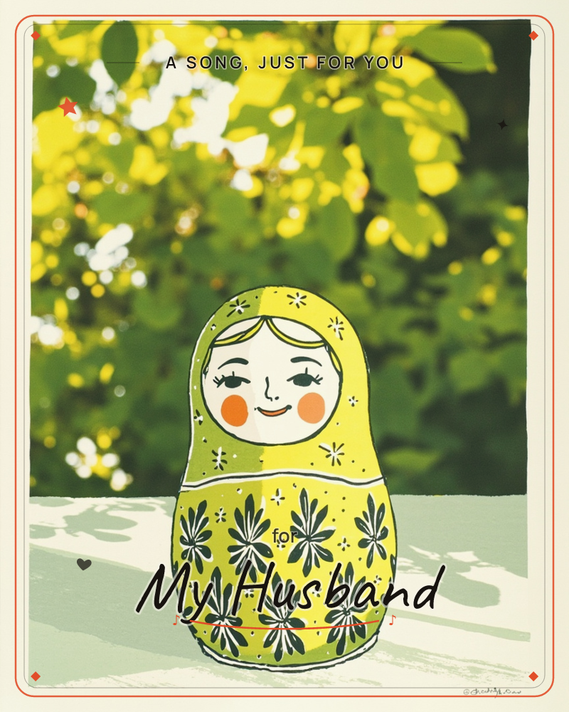 An illustrated matryoshka doll in yellow-green tones with a painted floral pattern sits on a pale surface against a sun-dappled, blurred backdrop of…, a any occasion e-card design