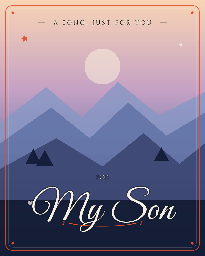 A layered mountain range fades from pale lilac to deep indigo beneath a soft cream moon or sun hanging low in a pink-washed sky, a any occasion e-card design by @DittyCityTeam